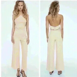 Zara Halter Wide Leg Ruffle Jumpsuit open back Cotton Cream Beige size  S
